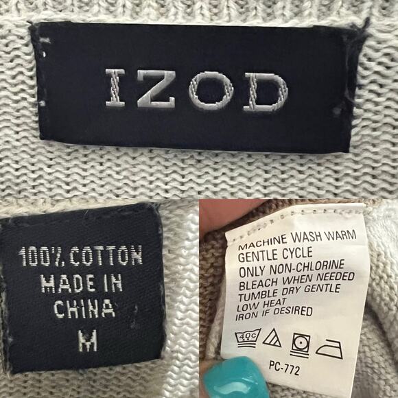 Y2K Vintage IZOD Argyle Sweater Size M Men VNeck Gray Tan Cotton Academia Preppy - Picture 10 of 17